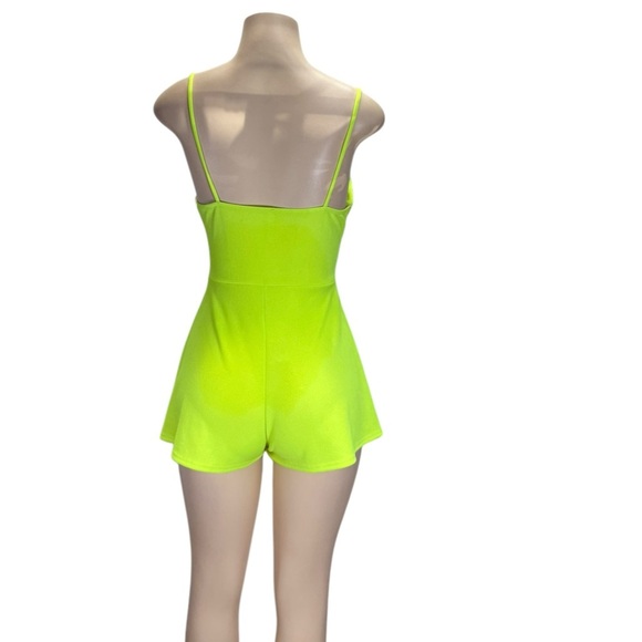 GLARE.  Lime Green Plunging V-Neck Jumpsuit with Ruched Waist - Picture 2 of 4